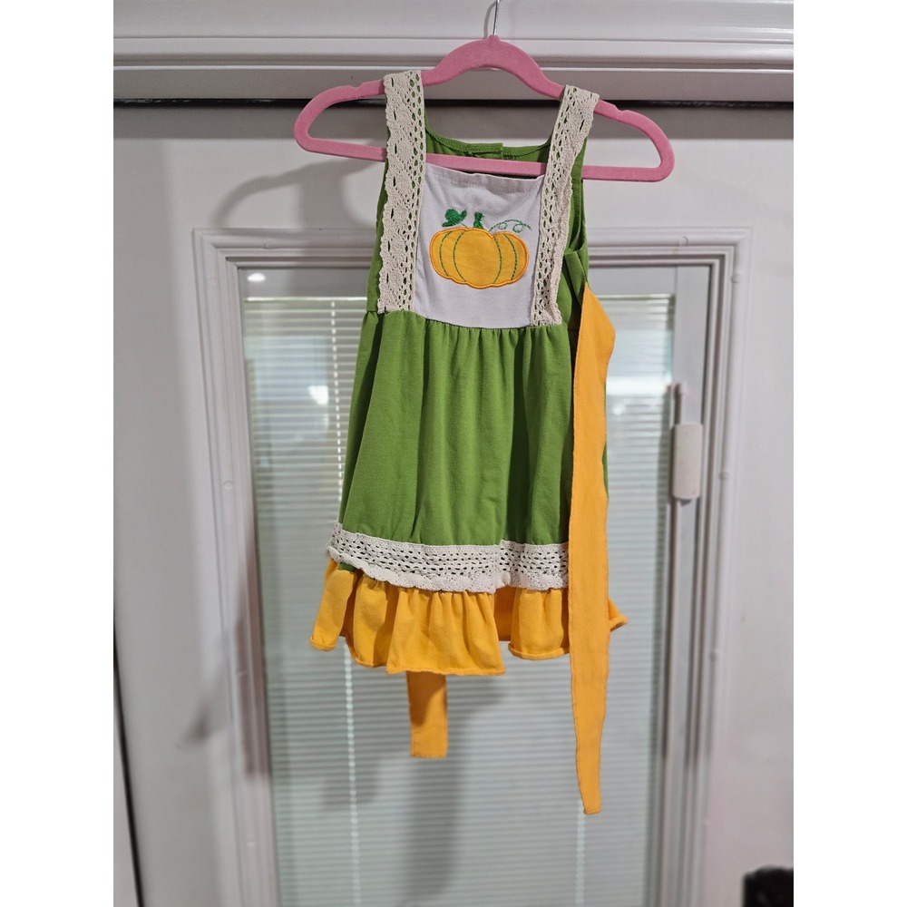 Toddler Girls Pumpkin Applique Ruffle Dress Green Yellow Crochet Lace 4T Fall